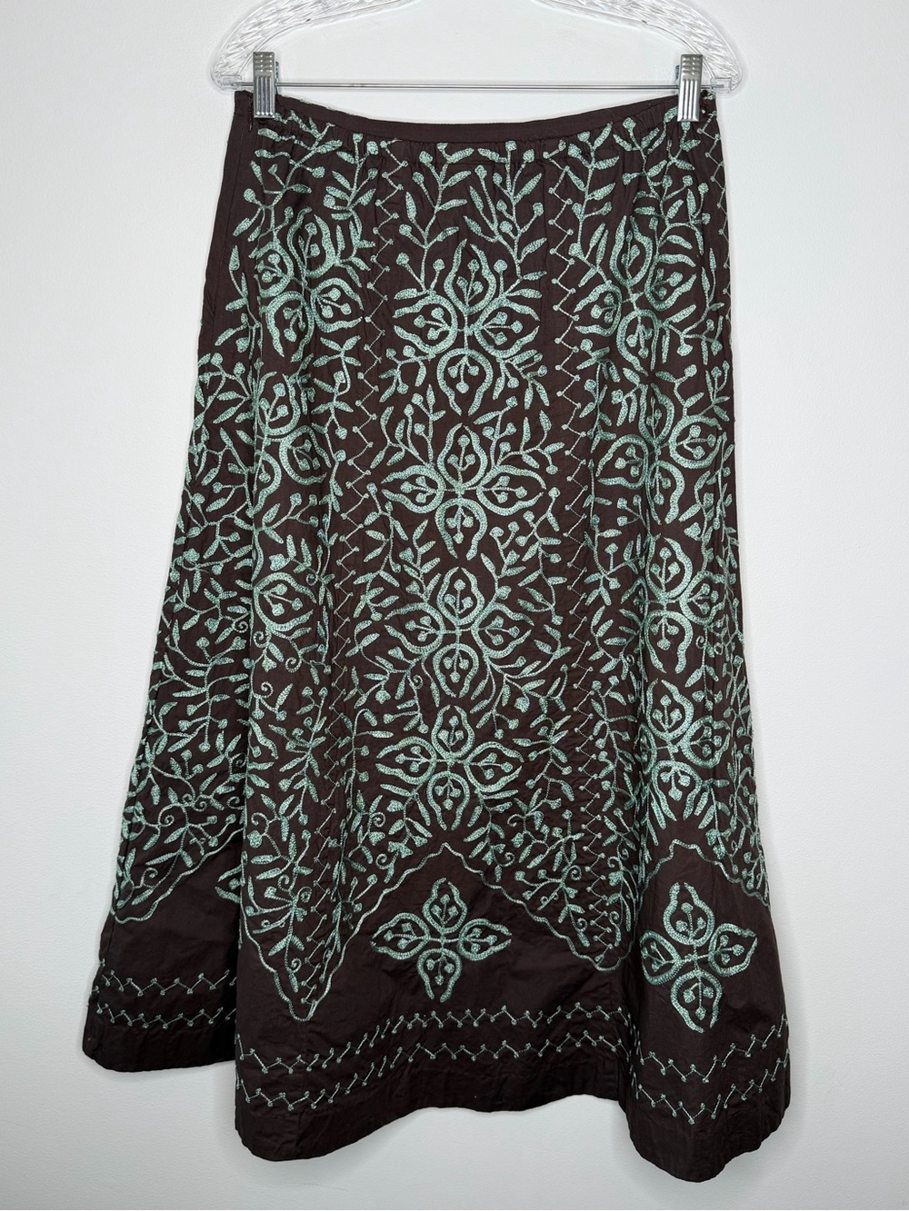 Soft Surroundings Brown and Teal Embroidered Maxi Skirt